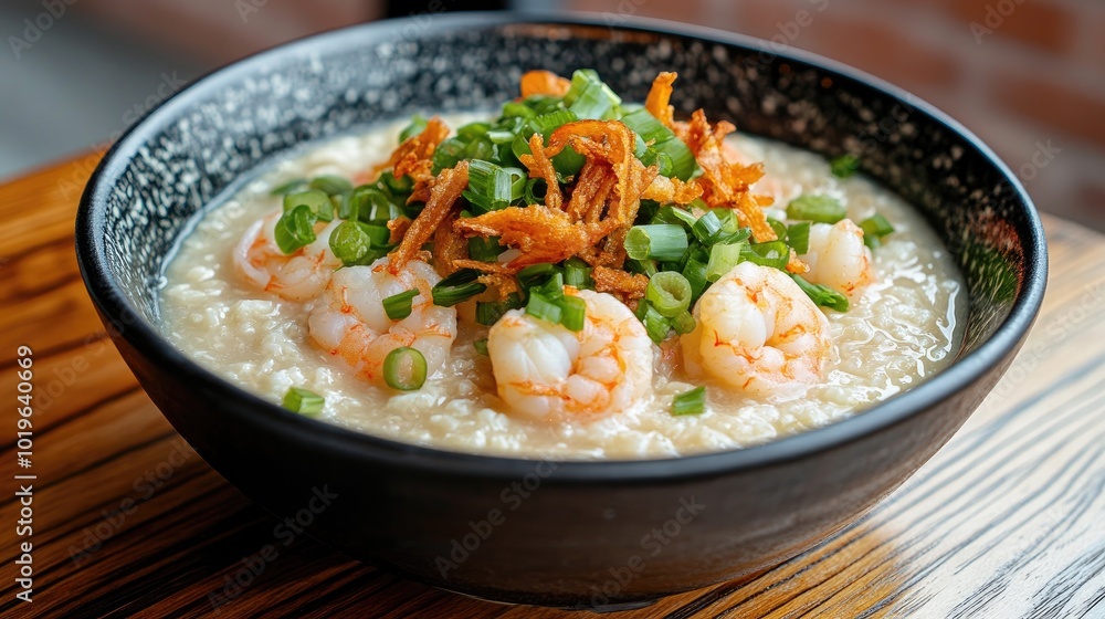 Delicious Shrimp Congee with Green Onions and Crispy Topping Delicious Shrimp Congee with Green Onions and Crispy Topping