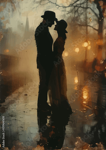 Silhouette Couple Through Rain-Streaked Window  

