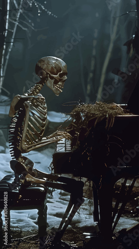 Skeleton Playing Piano in a Forest