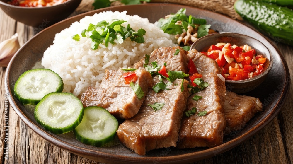 Delicious Asian Cuisine with Rice and Pork Dish Delicious Asian Cuisine with Rice and Pork Dish