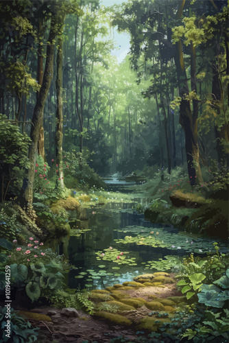 Enchanted Forest Stream with Water Lilies 
