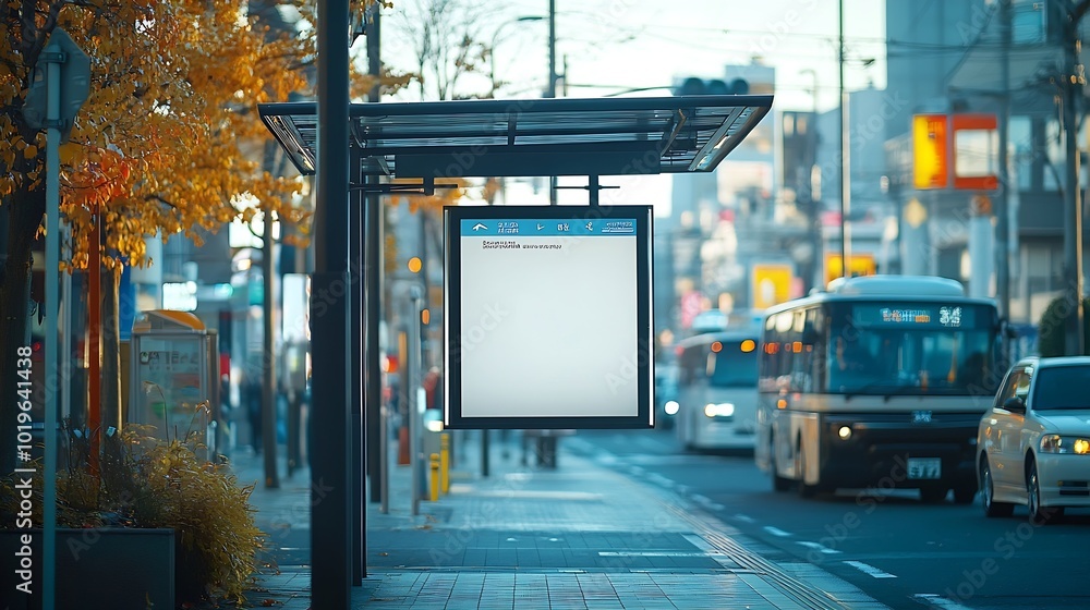 White bus stop billboard poster in a station with cars in moving in the background Front view mockup concept blank poster city traffic : Generative AI White bus stop billboard poster in a station with cars in moving in the background Front view mockup concept blank poster city traffic : Generative AI