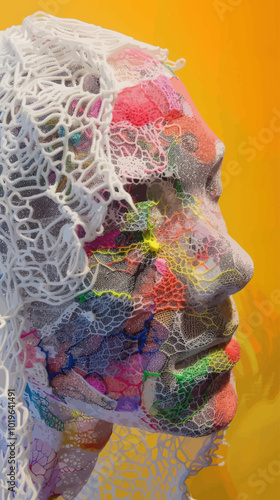 Colorful Beaded Mask with White Lace Adornment