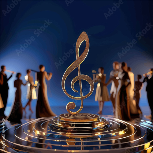 Golden Treble Clef on Podium with Blurred Musicians in Background 

