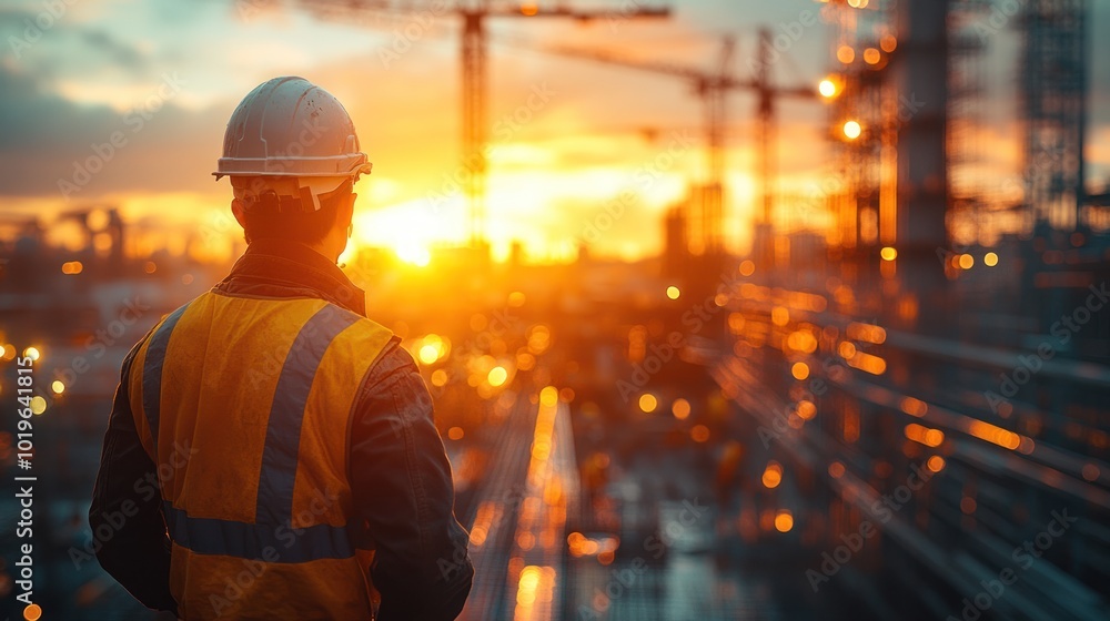 Worker observing a construction site at sunset. Worker observing a construction site at sunset.