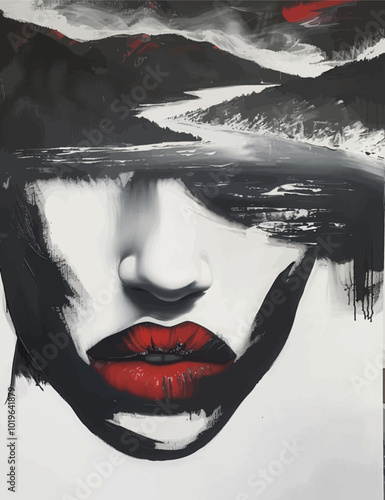 Abstract Black and White Portrait with Red Lips 
