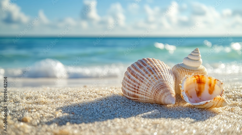 Shells Resting Gently on the Sandy Shore, Kissed by Turquoise Waves Under a Bright Sky at Sunny Beachside Shells Resting Gently on the Sandy Shore, Kissed by Turquoise Waves Under a Bright Sky at Sunny Beachside