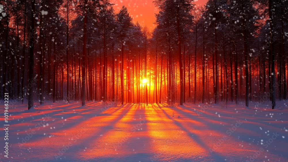 Sunset casting shadows through snowy trees in a winter landscape, seamless looping 4K video animation background. Sunset casting shadows through snowy trees in a winter landscape, seamless looping 4K video animation background.