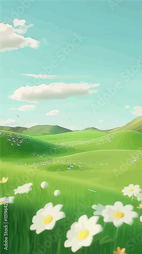 Green Field with Daisies and Blue Sky 
