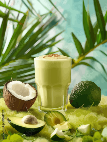 Avocado and Coconut Smoothie with Tropical Leaves  
