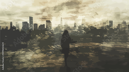 Silhouette of Woman Walking Through City Ruins