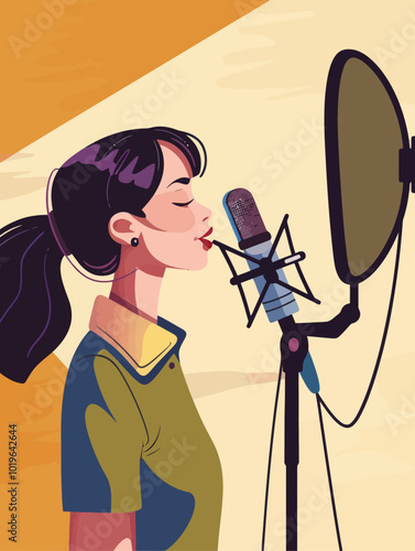 Woman Singing into Microphone in Studio  
