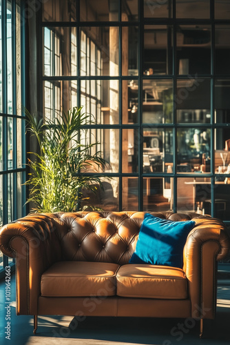a photo of a gorgeous modern industrial interior with leather sofa, brown and blue colors, copper, bright interior, sunlight