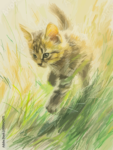 Kitten in Grass with Pastel Colors 
