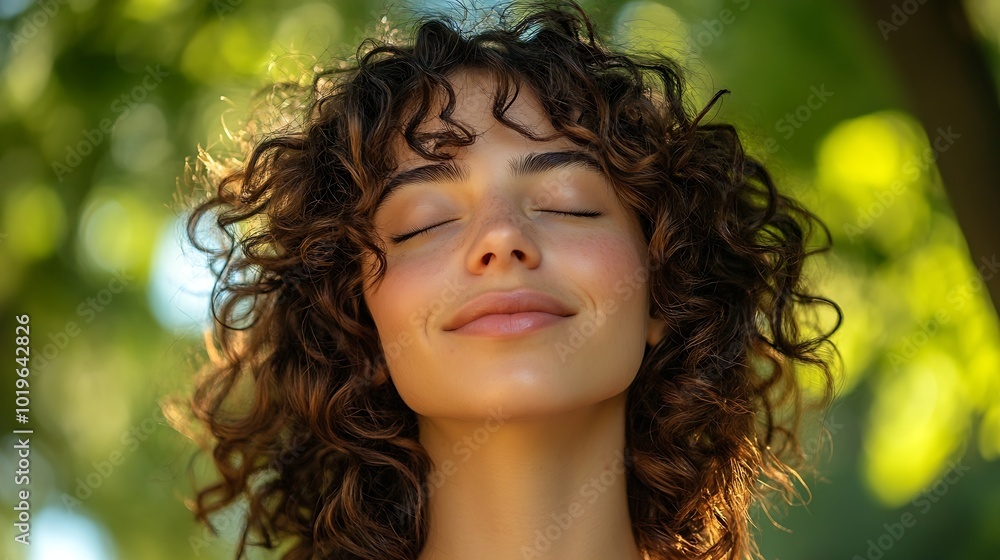 Closeup of a female portrait of a charming curlyhaired young woman An attractive brunette is smiling and her eyes closed outdoors in the park Natural beauty The sun and shade from the : Generative AI Closeup of a female portrait of a charming curlyhaired young woman An attractive brunette is smiling and her eyes closed outdoors in the park Natural beauty The sun and shade from the : Generative AI