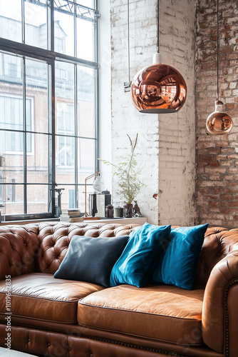 a photo of a gorgeous modern industrial interior with leather sofa, brown and blue colors, copper, bright interior, sunlight