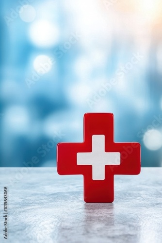 Red cross symbol on a blurred blue background, representing health and medical care. photo