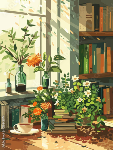 Sunny Windowsill with Flowers and Books  
