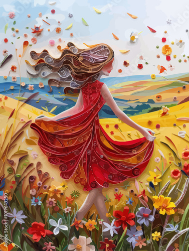 Paper Quilling Art - Woman in a Field of Flowers 
