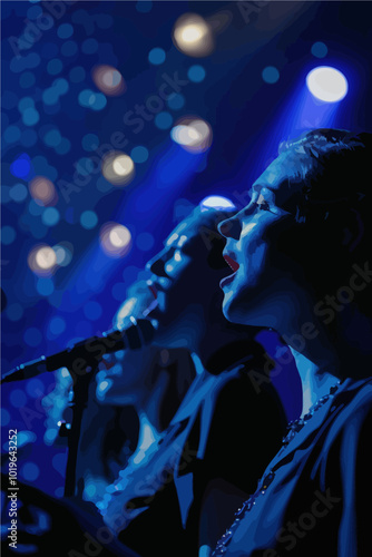 Woman singing on stage with microphone.