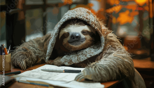 Sloth Wearing a Hoodie at a Desk 
