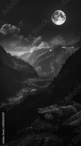 Mountain Valley Under Full Moon  
