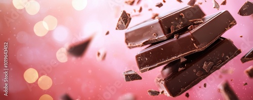 Rich chocolate pieces exploding against a soft pink background, creating a dynamic and indulgent visual that delights the senses. photo