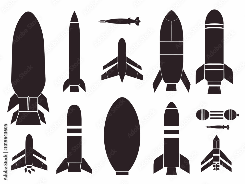 Obraz premium Rocket Silhouettes: Collection of Vintage Rocket and Missile Illustrations