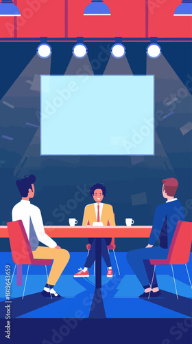 Meeting around a table with a large blank screen 
