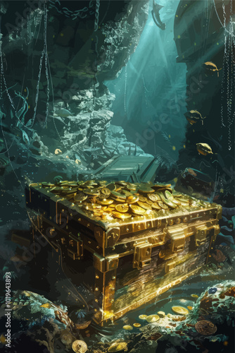 Treasure Chest Underwater with Sunbeams 
