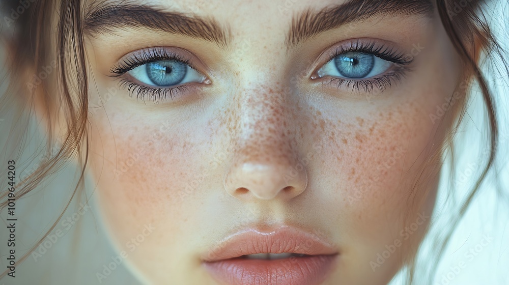 Fototapeta premium Beauty Beautiful Woman Close Up Portrait Young BlueEyed Model With Perfect Skin And Natural Daily Makeup Looking At Camera : Generative AI