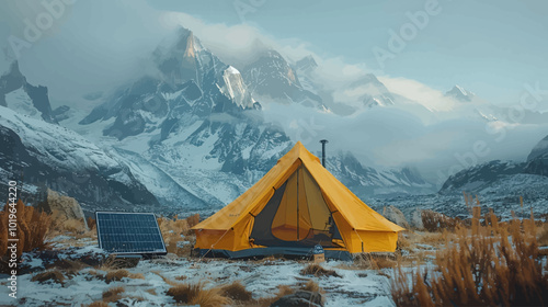 Yellow Tent in Snowy Mountains with Solar Panel
