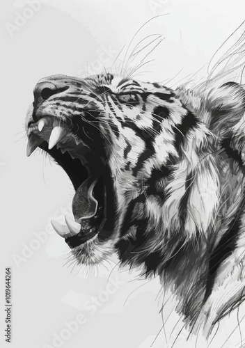 Tiger Roaring in Black and White Pencil Drawing