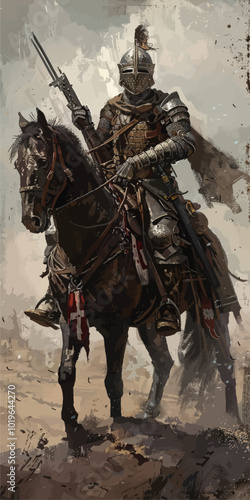 Armored Knight on Horseback with Sword and Gun