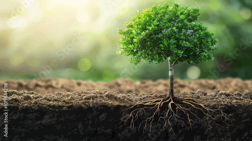 Tree Roots in Soil with Green Background