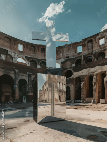 Colosseum with Modern Sculpture Reflection