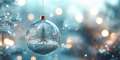 Miniature snow-covered tree inside, hanging on a pine branch with soft glowing bokeh lights in the background, Delicate glass Christmas ornament