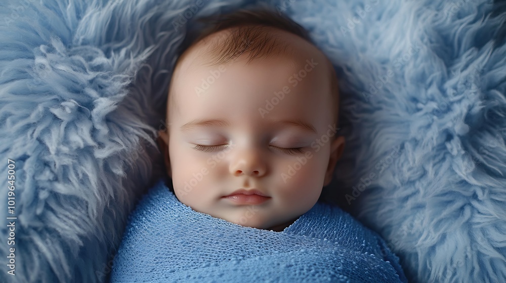 Cute baby boy peacefully sleeping wrapped in blue wrap on a blue fur in potato sack : Generative AI Cute baby boy peacefully sleeping wrapped in blue wrap on a blue fur in potato sack : Generative AI