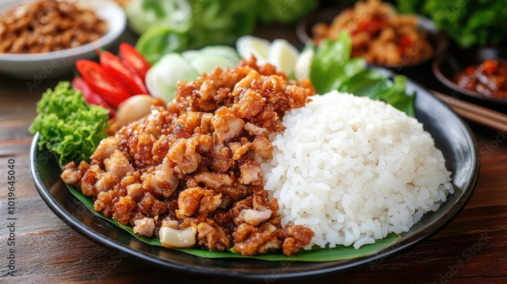 Delicious Chicken Dish with Steamed Rice and Vegetables Delicious Chicken Dish with Steamed Rice and Vegetables