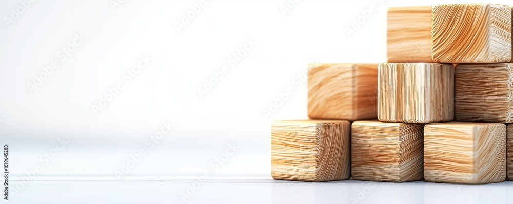 Stacked wooden building blocks on a white surface, perfect for educational play and creative building activities. Stacked wooden building blocks on a white surface, perfect for educational play and creative building activities.