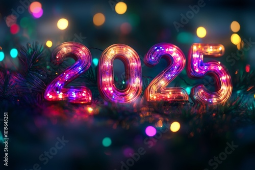 3D text "2025" with glowing colorful lights on bokeh background. New Year concept