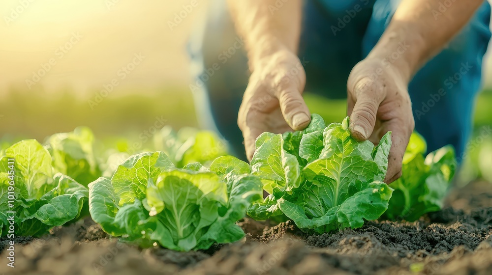 Farmer Nurturing Fresh Lettuce in Sunlit Field Farmer Nurturing Fresh Lettuce in Sunlit Field
