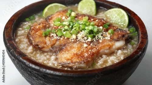 Delicious bowl of rice porridge with fish and lime