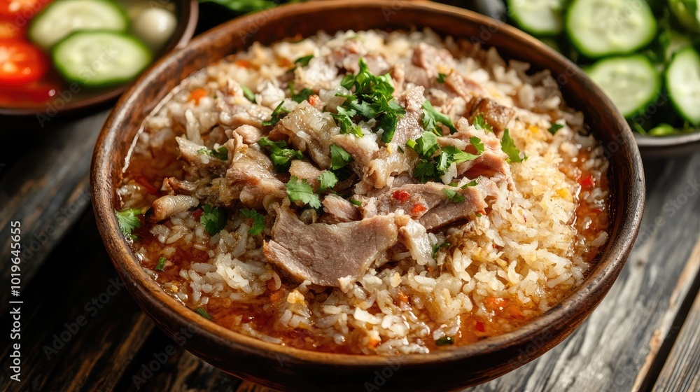 Delicious Bowl of Savory Rice with Tender Meat Topping Delicious Bowl of Savory Rice with Tender Meat Topping
