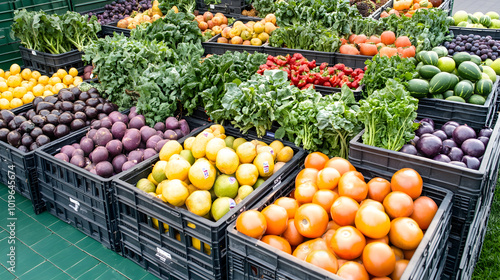 Aerial view of crates filled with various fruits and vegetables, symbolizing organized logistics and distribution in the fresh produce industry.