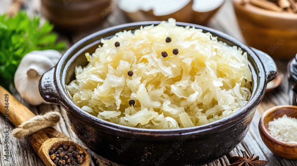 Fresh Sauerkraut with Spices and Ingredients in Bowl Fresh Sauerkraut with Spices and Ingredients in Bowl