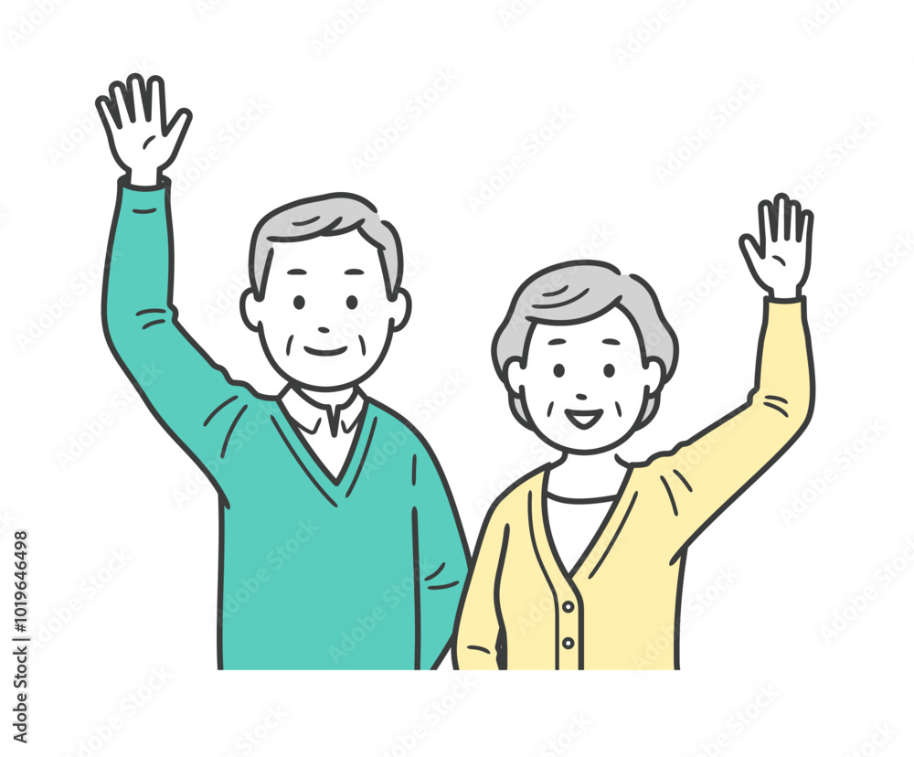 片手を上げて手を振る高齢男女の者夫婦の上半身イラスト
