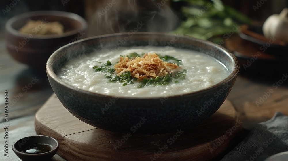 Delicious Bowl of Warm Rice Porridge with Toppings