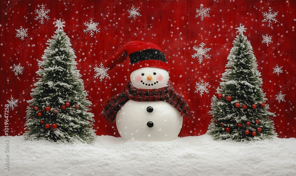 Playful snowman in a Christmas-themed winter forest with falling snow Playful snowman in a Christmas-themed winter forest with falling snow