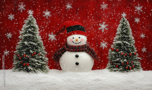 Playful snowman in a Christmas-themed winter forest with falling snow